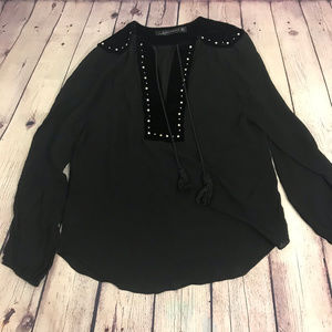 Zara Black Long Sleeve Velvet Stud Blouse Size M